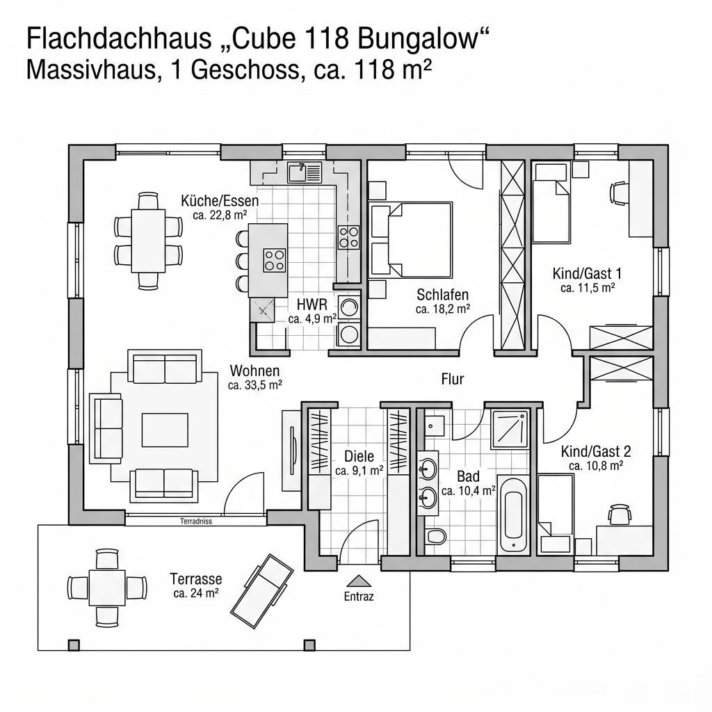 Grundriss Cube 118 Bungalow – 118 m² Flachdachhaus mit 4 Zimmern