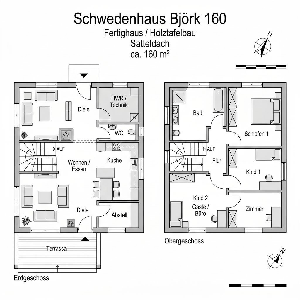 Grundriss Schwedenhaus Björk 160 – 160 m² Schwedenhaus mit 6 Zimmern