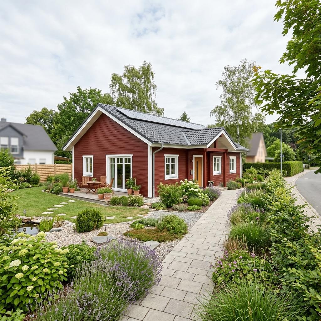 Schwedenhaus Linnéa 128 von Eksjöhus mit roter Holzfassade und weißen Sprossenfenstern
