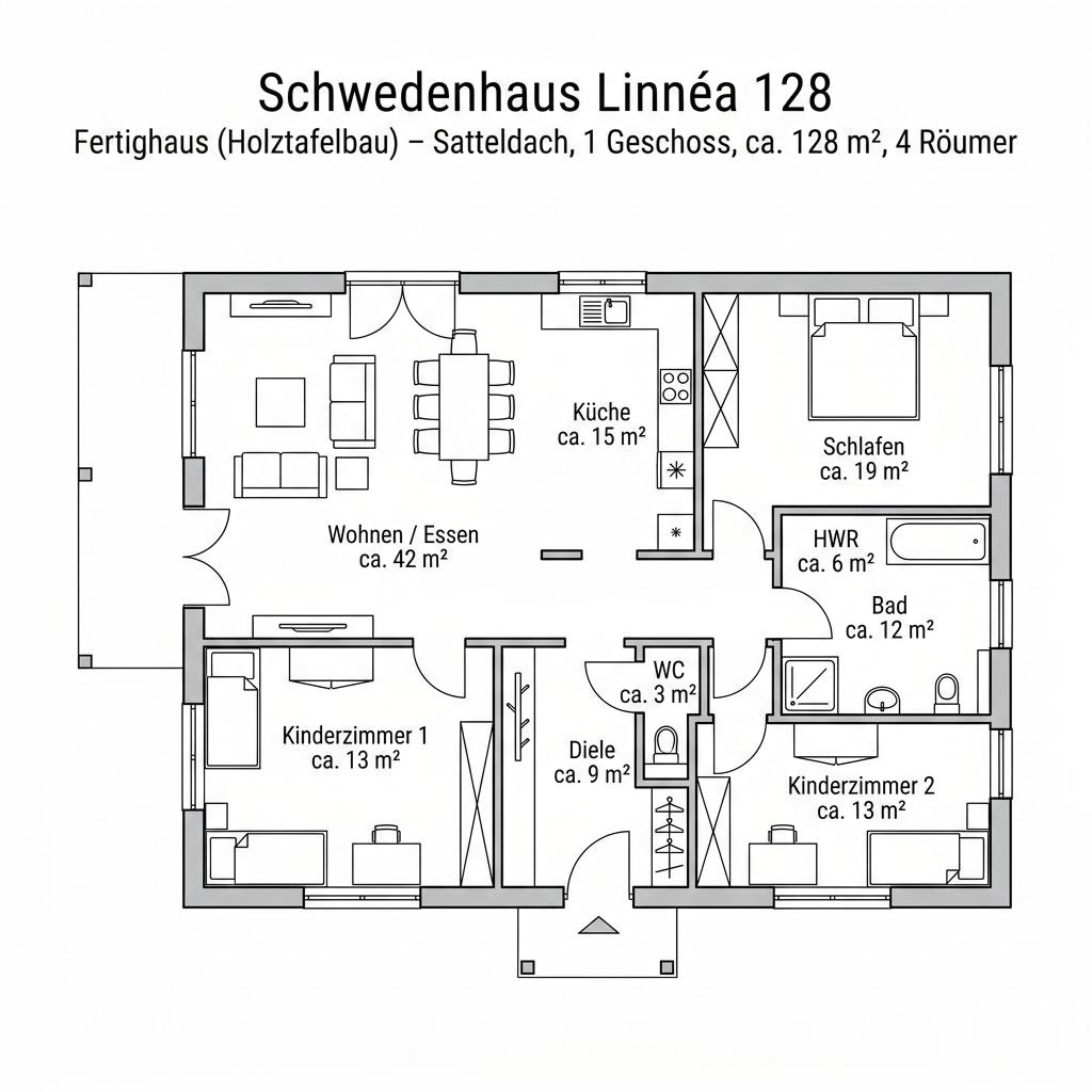 Grundriss Schwedenhaus Linnéa 128 – 128 m² Schwedenhaus mit 4 Zimmern