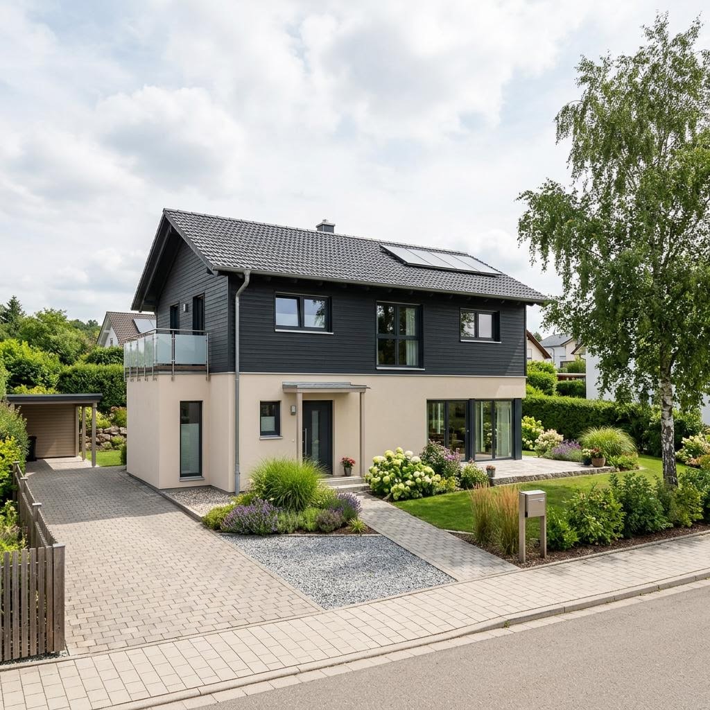 Fertighaus 80 qm – Beispiel kompakter Neubau Fertighaus 80 qm: kompaktes Einfamilienhaus als Neubau, Beispielmotiv für die Wohnfläche