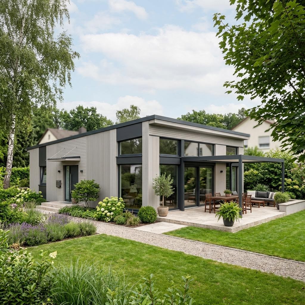Winkelbungalow Gartenwinkel 128 von ELK Haus mit Flachdach — Holz-Winkelbungalow mit 128 m²