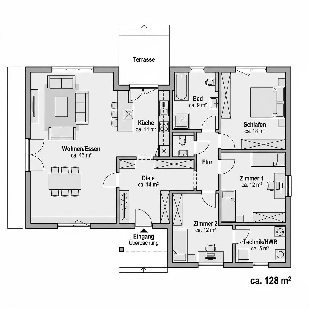 Grundriss Winkelbungalow Gartenwinkel 128 – 128 m² Winkelbungalow mit 4 Zimmern