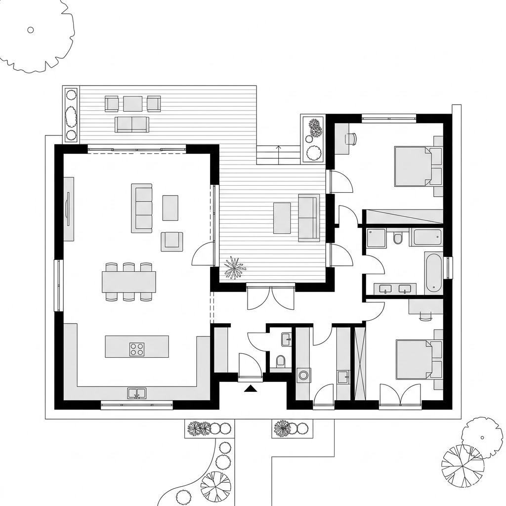 Grundriss Winkelbungalow Terrawinkel 138 – 138 m² Winkelbungalow mit 4 Zimmern