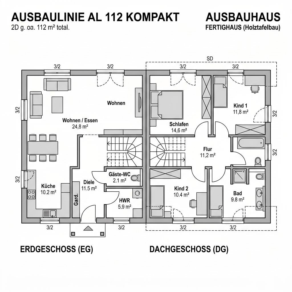Grundriss Ausbaulinie AL 112 Kompakt – 112 m² Ausbauhaus mit 4 Zimmern