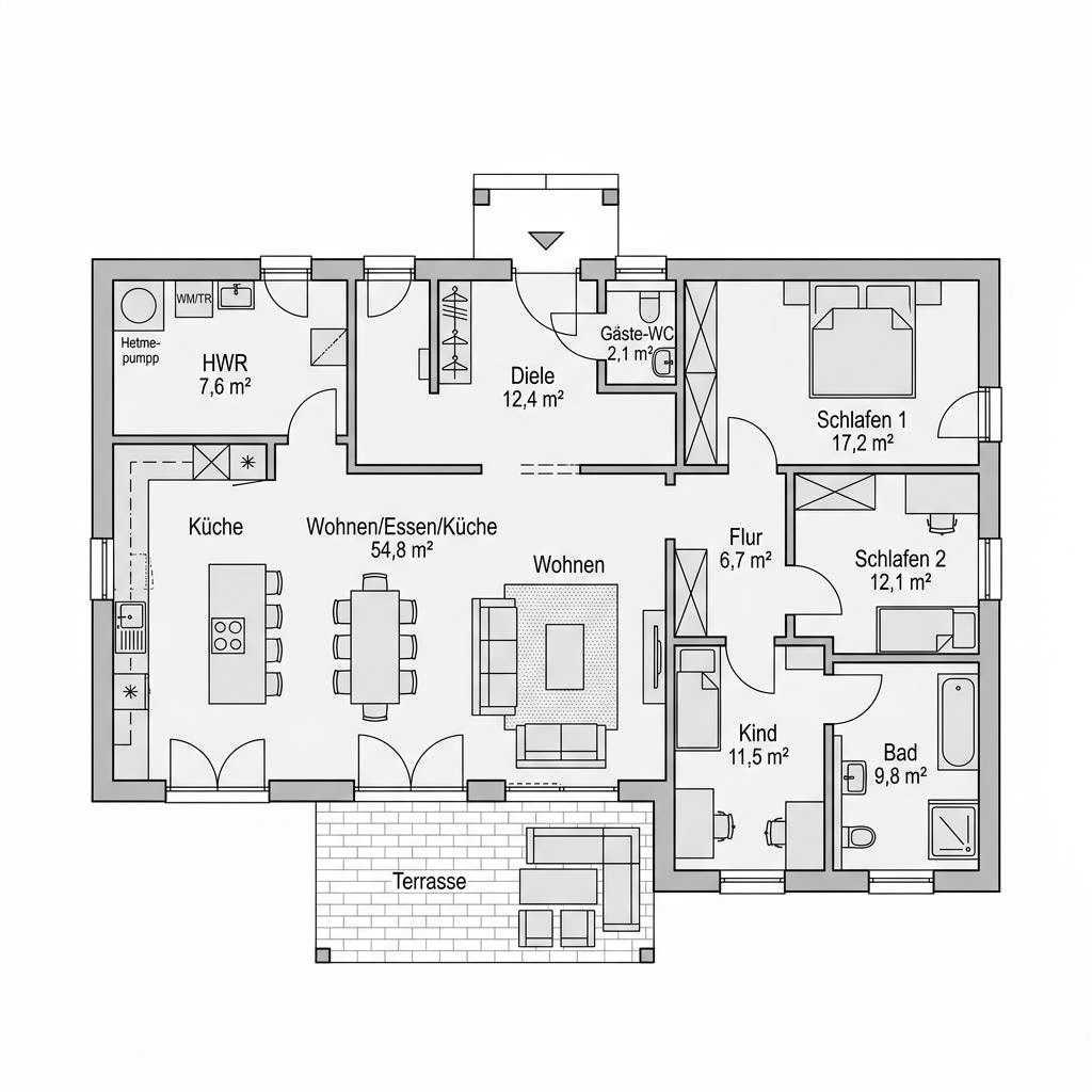 Grundriss Massiv-Bungalow Panorama 131 – 131 m² Bungalow mit 4 Zimmern