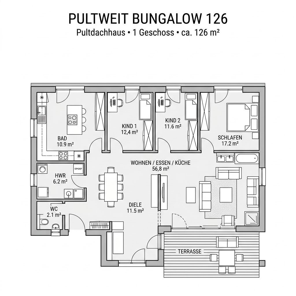 Grundriss PultWeit Bungalow 126 – 126 m² Pultdachhaus mit 4 Zimmern