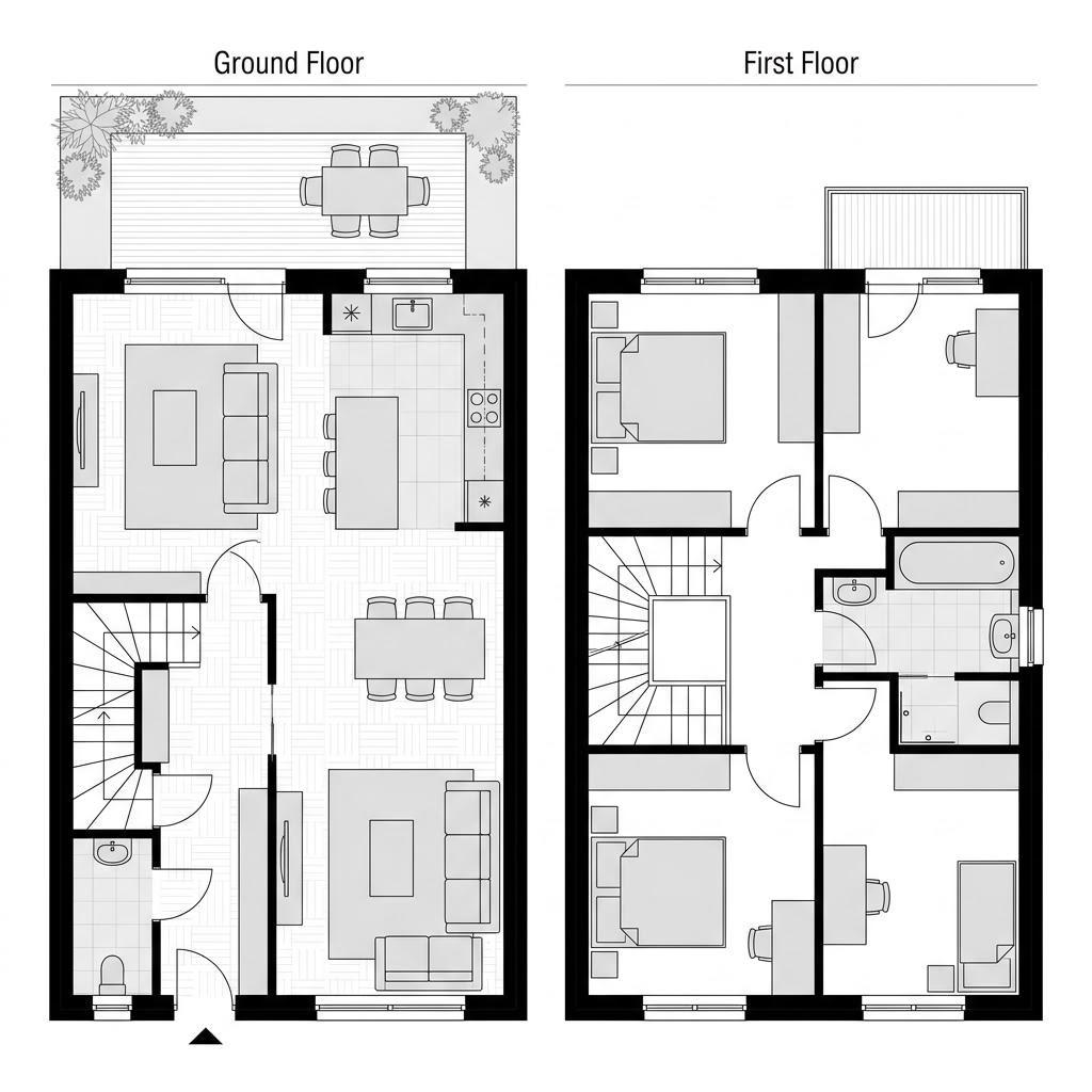Grundriss Reihenmittelhaus Medley R120 von FingerHaus — 120 m², 4 Zimmer