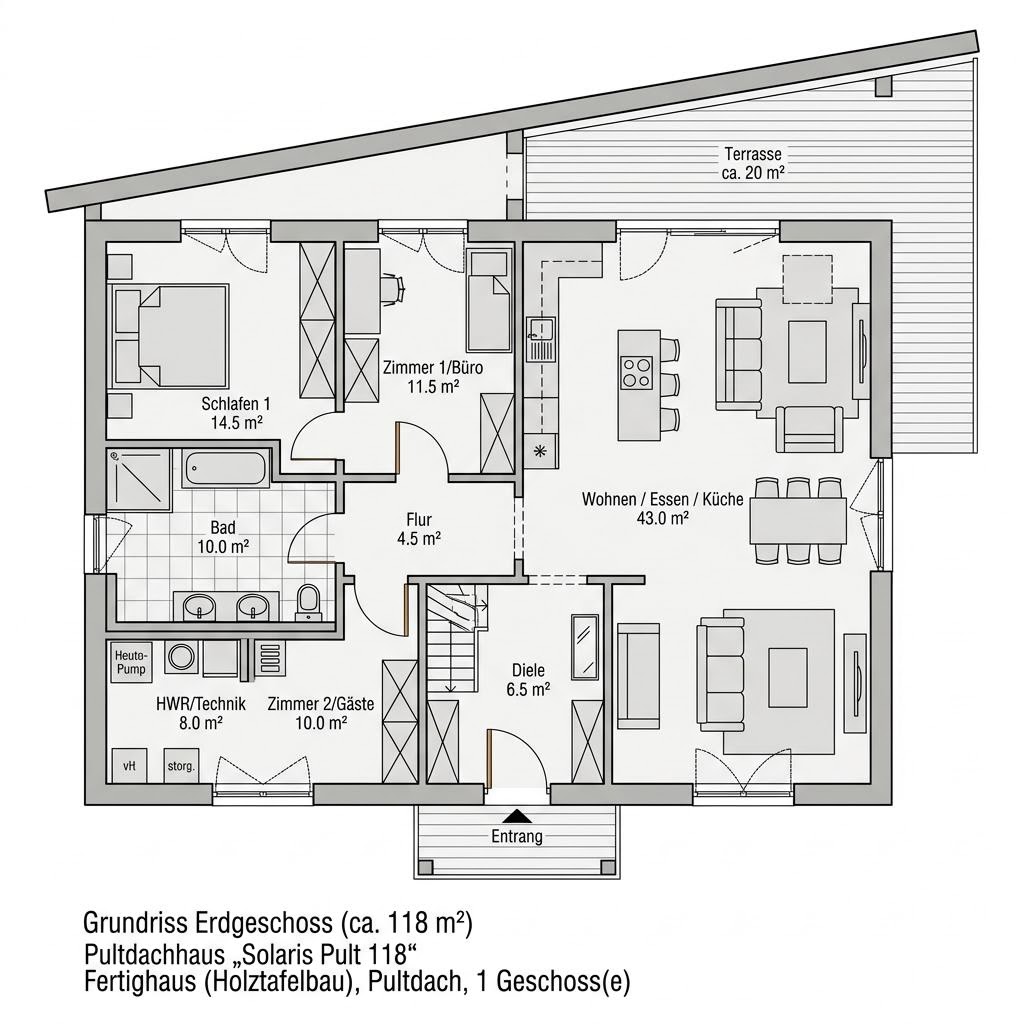 Grundriss Solaris Pult 118 – 118 m² Pultdachhaus mit 4 Zimmern