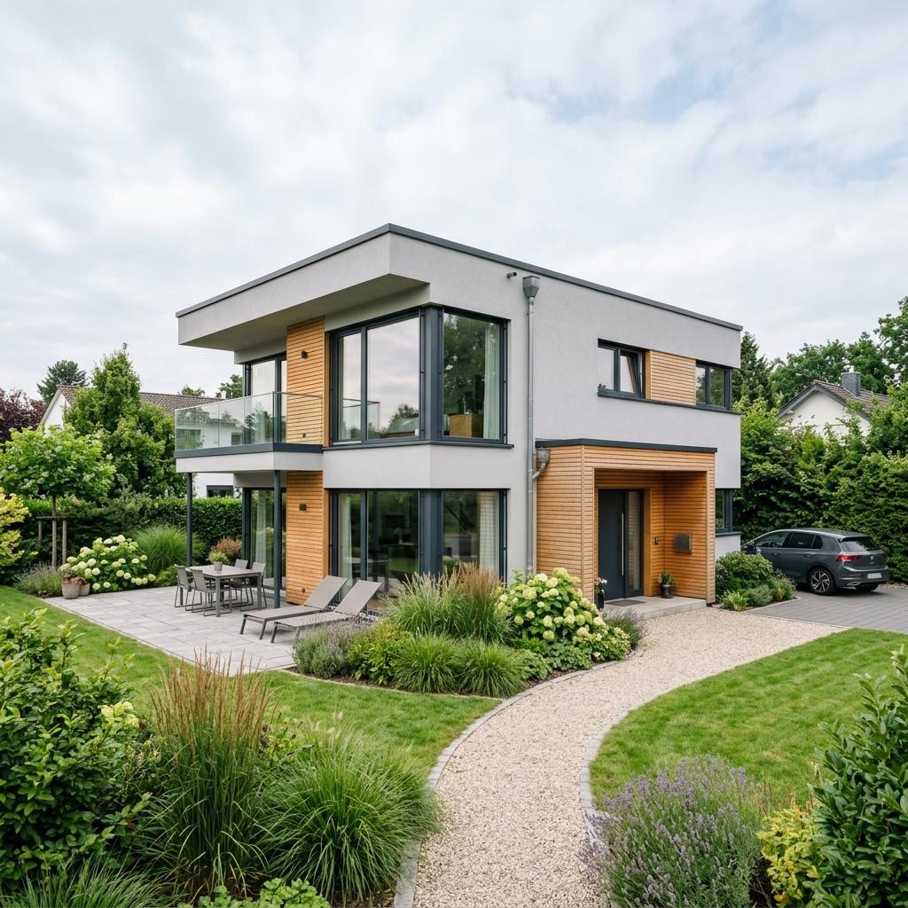 Flachdachhaus Vio Flat 152 von FingerHaus mit Flachdach — Holzfertighaus mit 152 m² und überdachter Terrasse