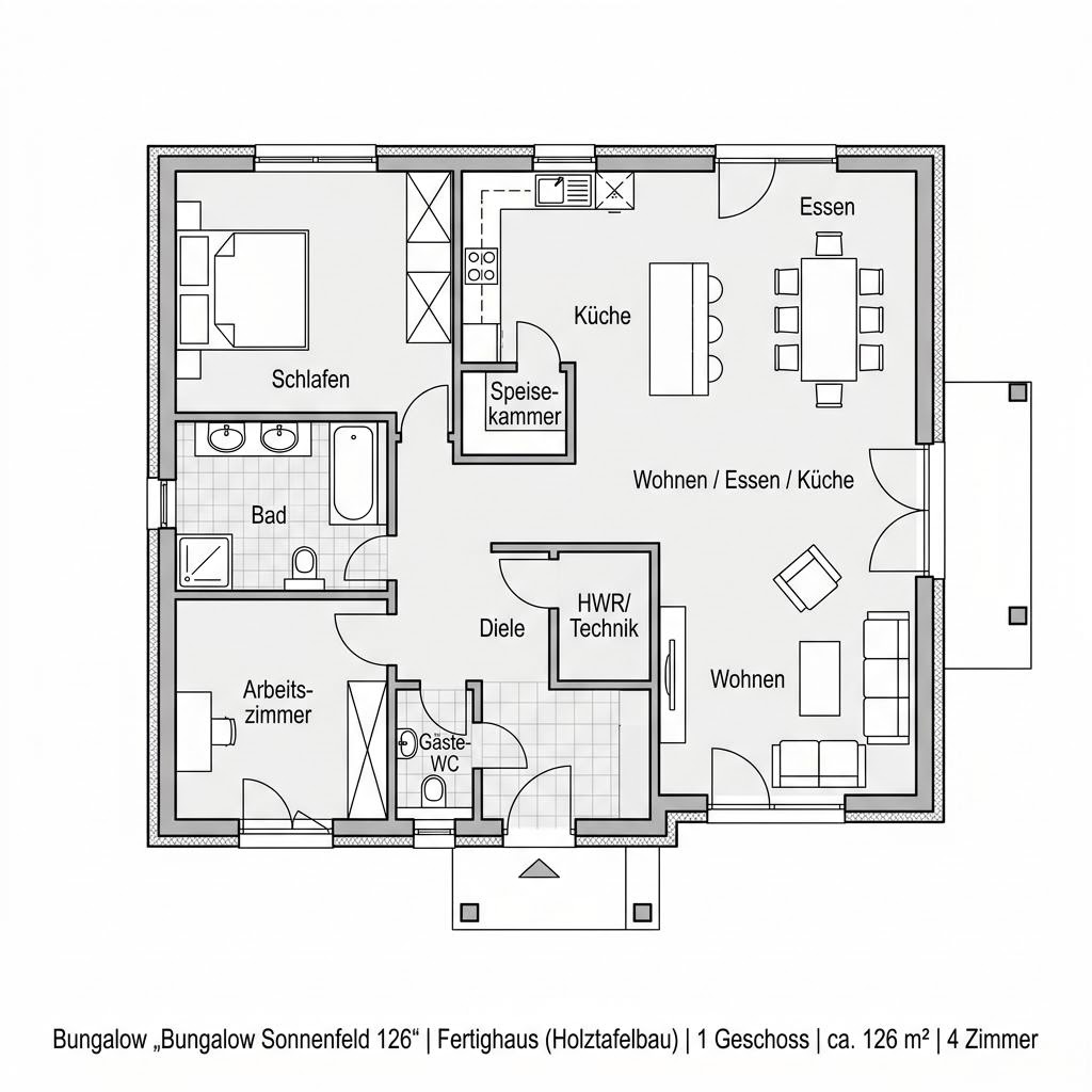 Grundriss Bungalow Sonnenfeld 126 – 126 m² Bungalow mit 4 Zimmern