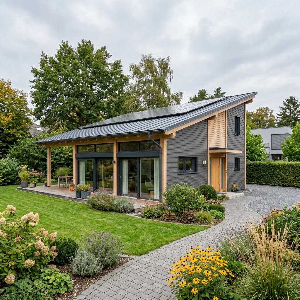 Pultdach-Bungalow Pult Bungalow 122 von FischerHaus mit barrierearmem Grundriss und Solardach