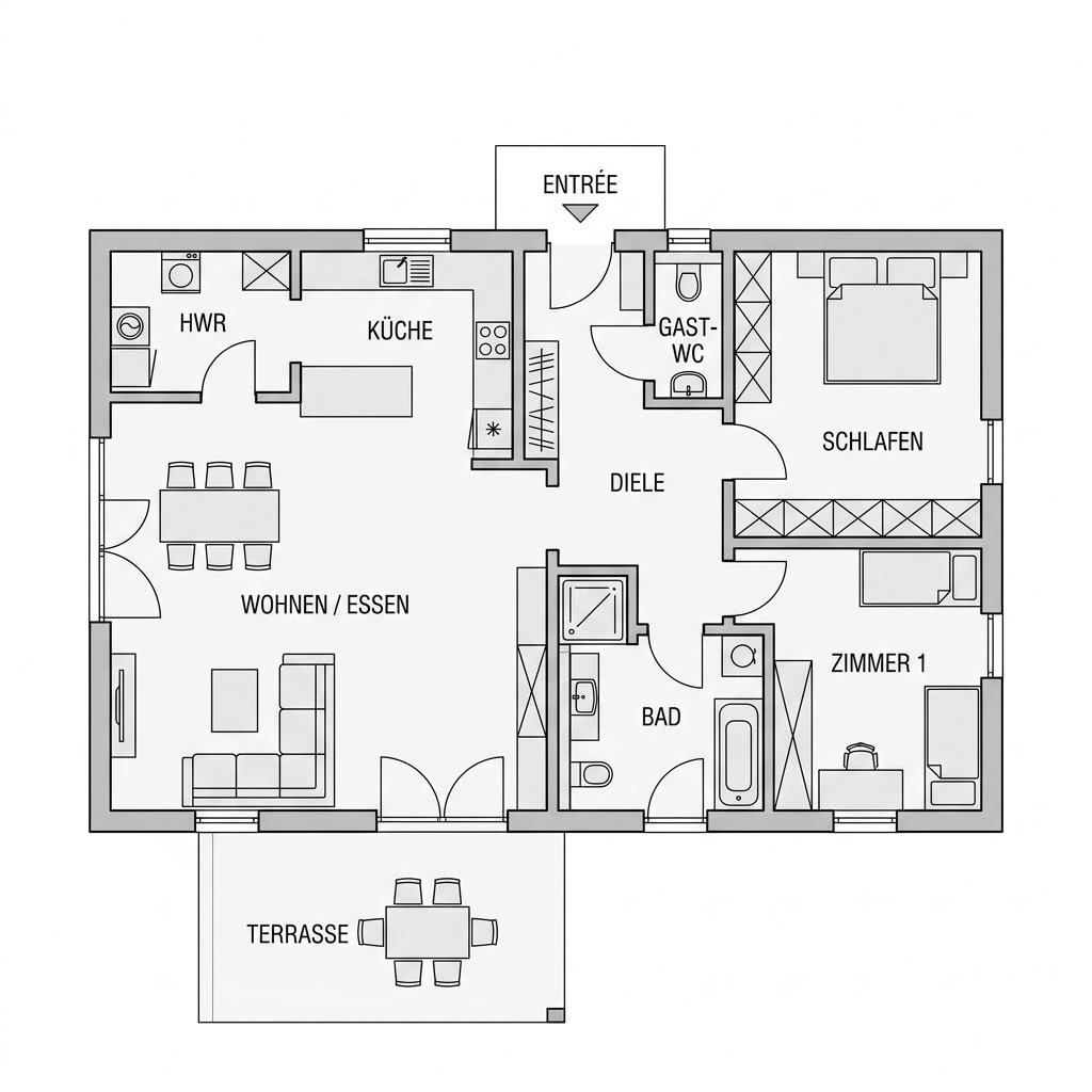 Grundriss Pult Bungalow 122 – 122 m² Pultdachhaus mit 4 Zimmern