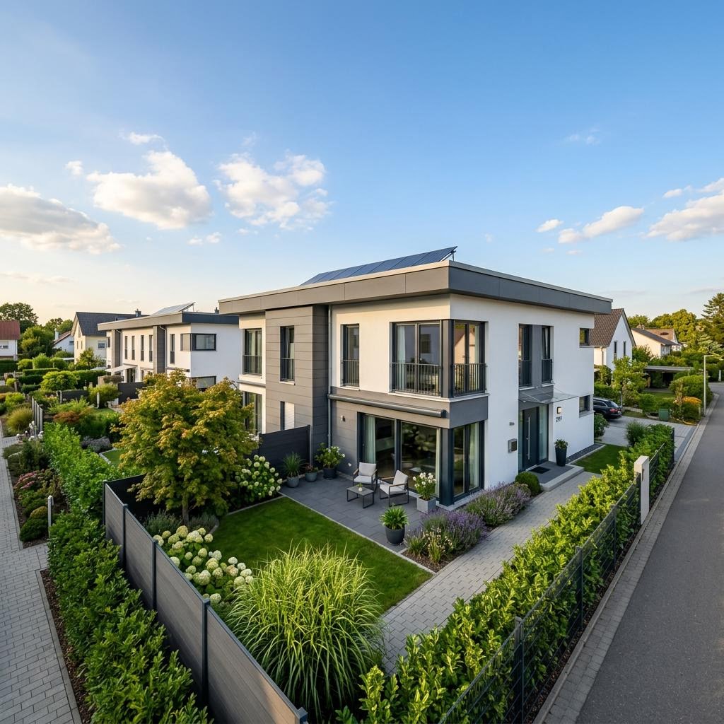 Reihenhaus Reihenendhaus Vitalis R148 von FischerHaus mit Flachdach und 148 m² Wohnfläche