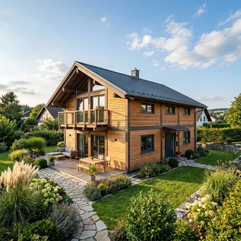 Chalet Chalet Vinterberg von Fjorborg Holzhäuser mit Satteldach und Holzfassade