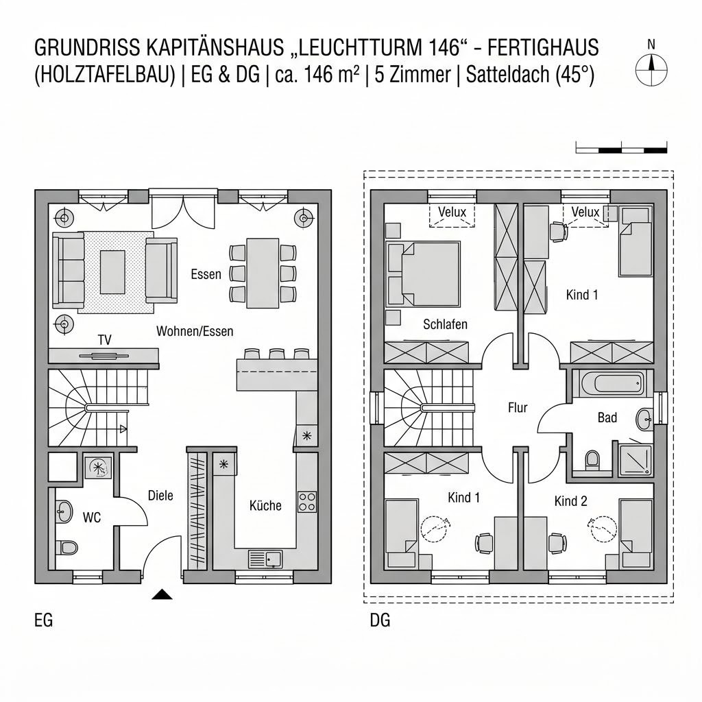 Grundriss Leuchtturm 146 von Fjorborg Holzhäuser — 146 m², 5 Zimmer