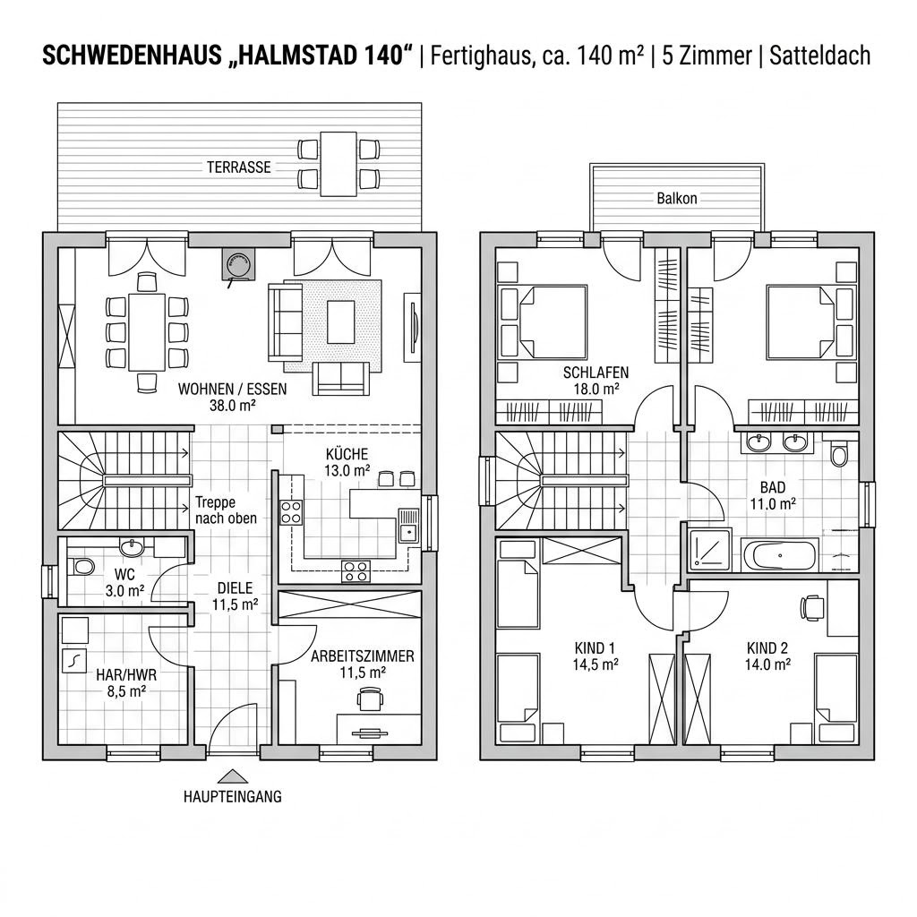 Grundriss Schwedenhaus Halmstad 140 – 140 m² Schwedenhaus mit 5 Zimmern