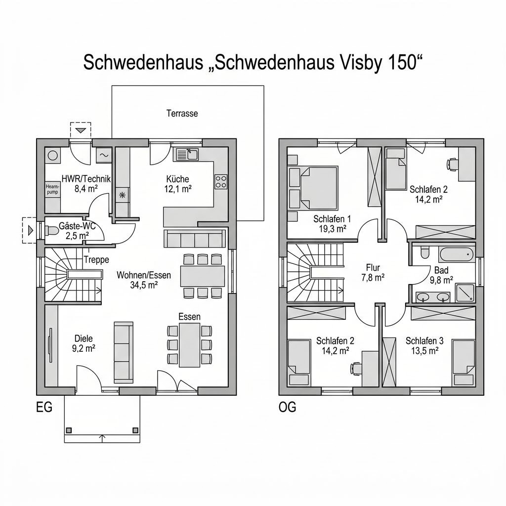 Grundriss Schwedenhaus Visby 150 – 150 m² Schwedenhaus mit 5 Zimmern