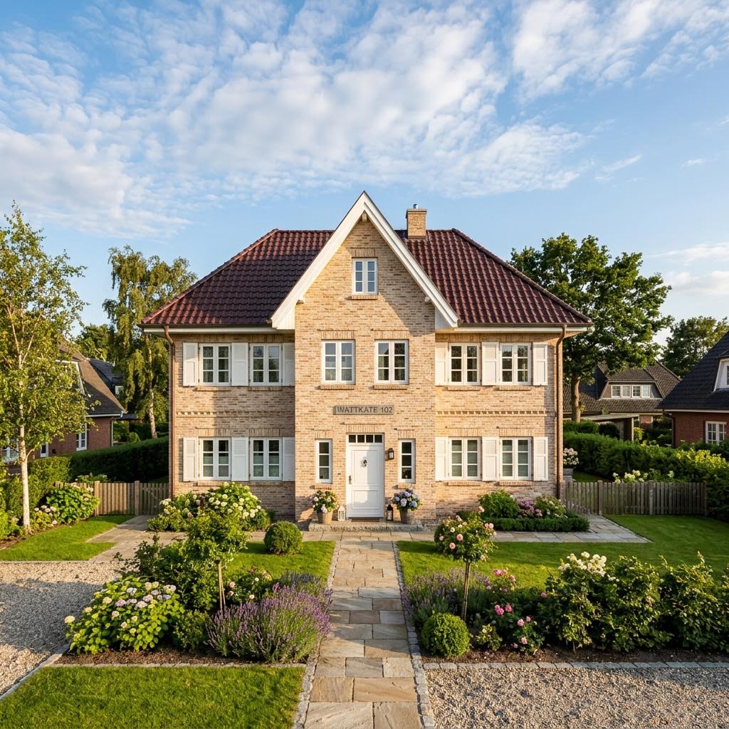 Friesenhaus Wattkate von Fjorborg Holzhäuser mit hellem Klinker und Sprossenfenstern