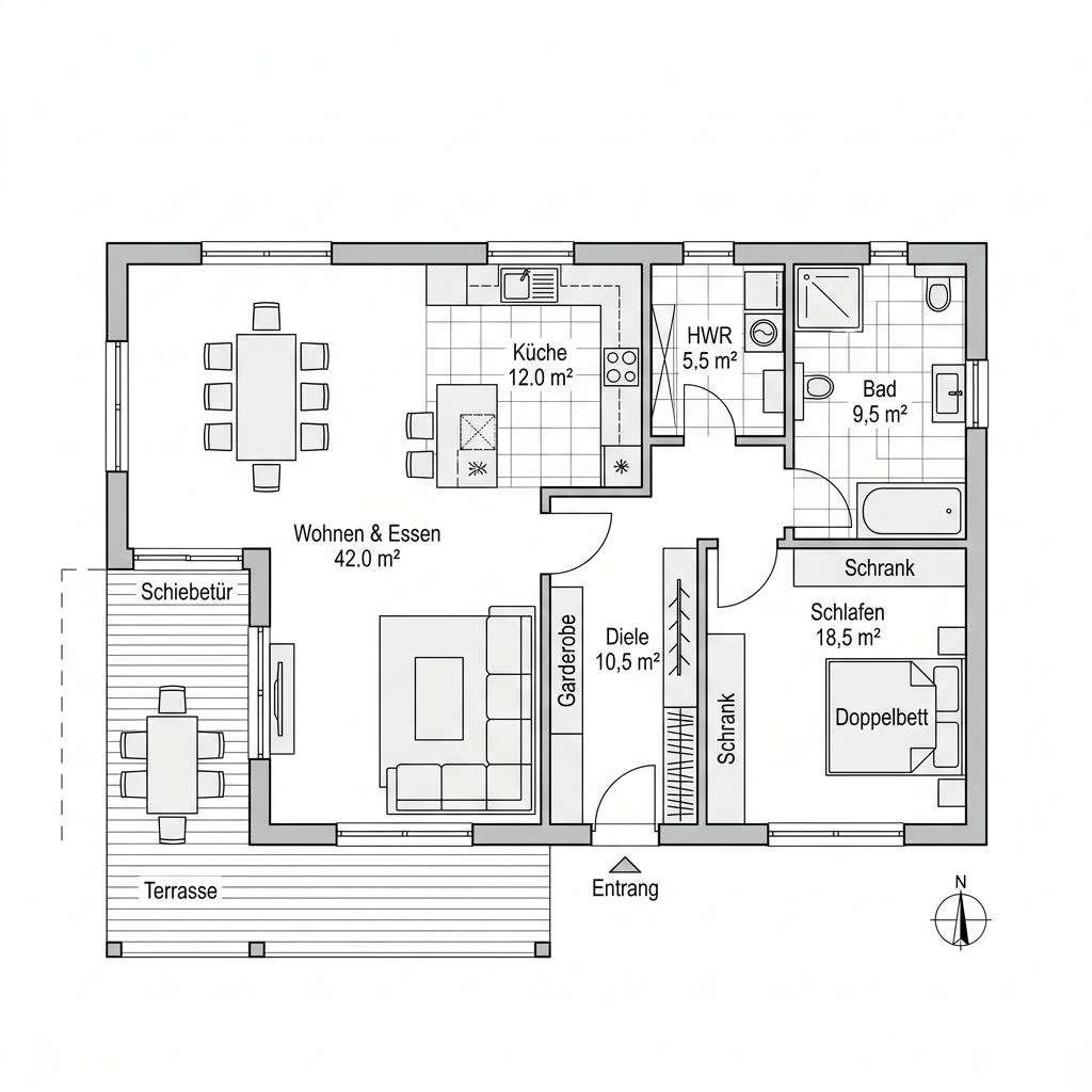 Grundriss Holz-Bungalow Schwarzwald 110 – 110 m² Bungalow mit 3 Zimmern