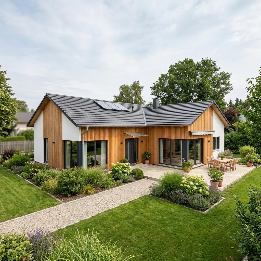 Holz-Winkelbungalow 126 von Frammelsberger Holzhaus mit Satteldach — ökologischer Winkelbungalow mit 126 m²