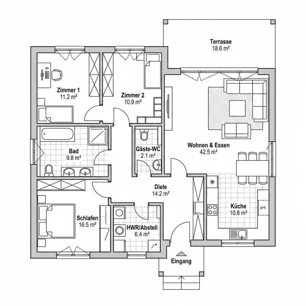 Grundriss Holz-Winkelbungalow 126 – 126 m² Winkelbungalow mit 4 Zimmern
