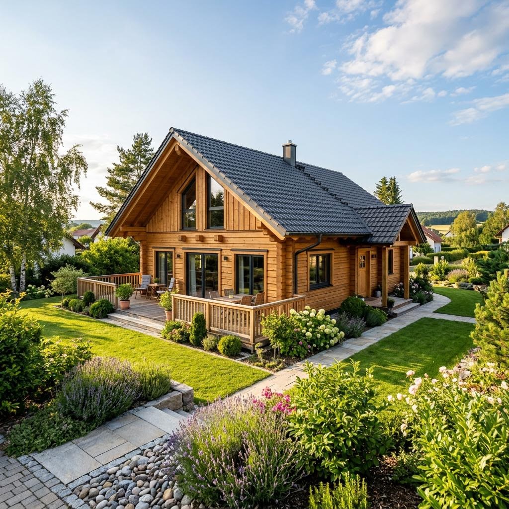 Chalet Chalet Waldnaab von Fullwood Wohnblockhaus mit Satteldach und Holzfassade