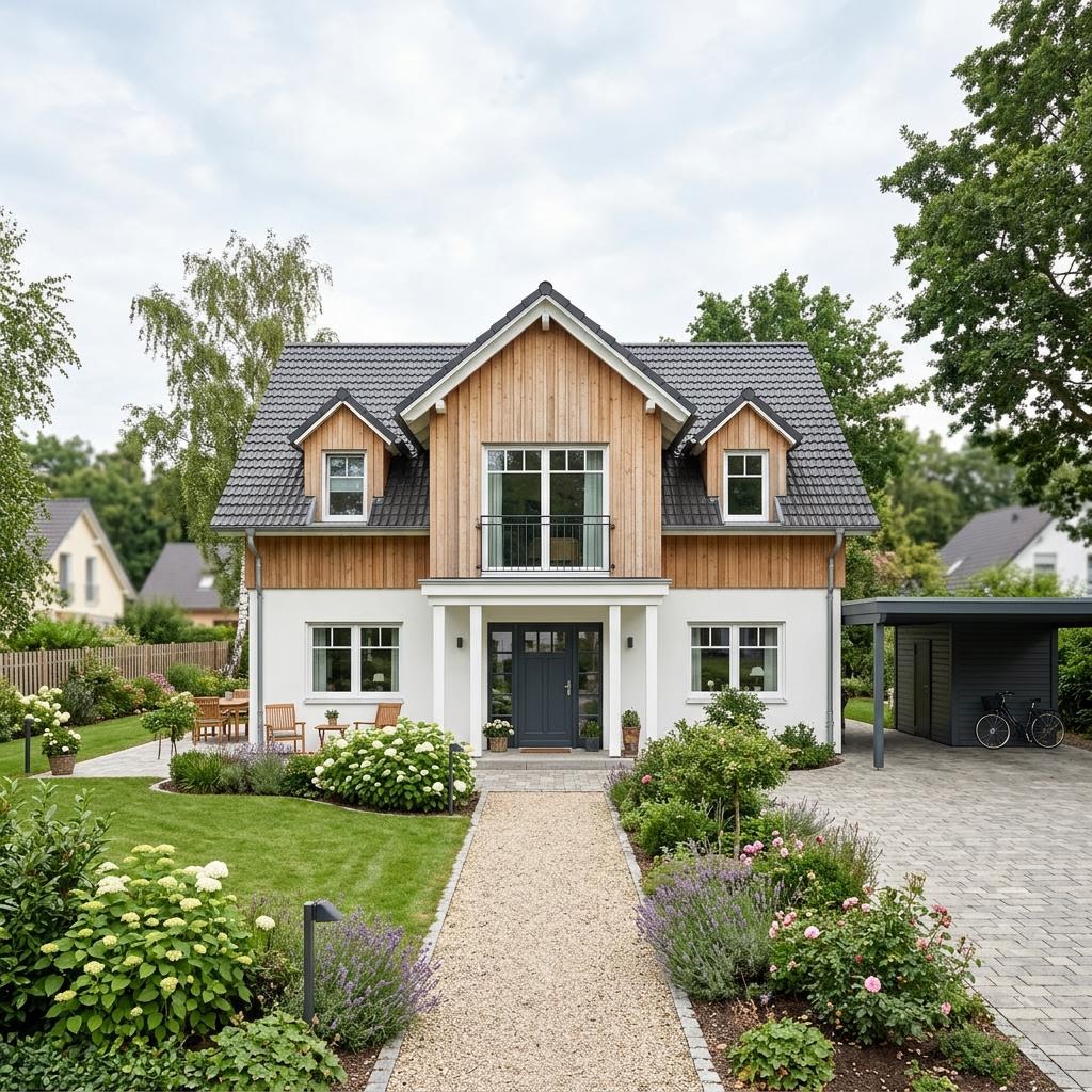 Amerikanisches Holzhaus Augusta 160 von Greenville mit Eingangsportal und Satteldach