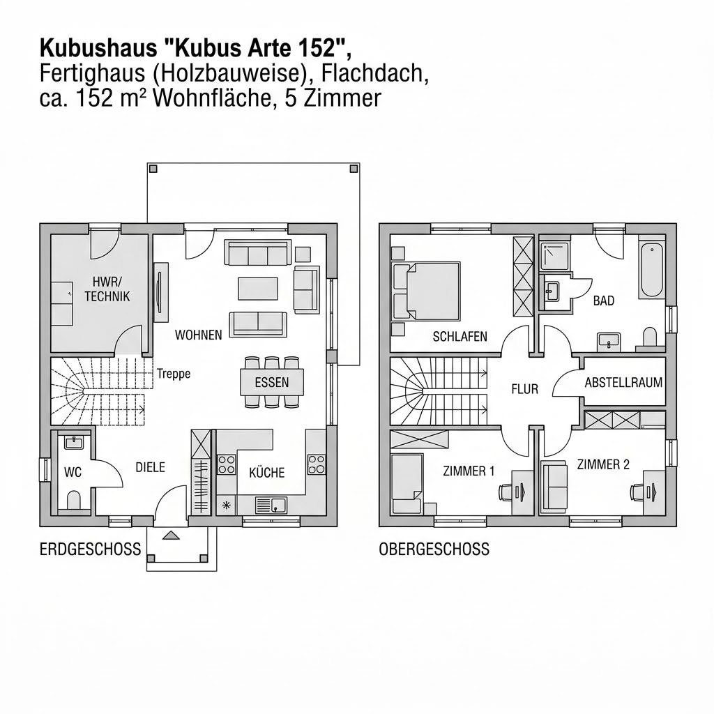 Grundriss Kubus Arte 152 – 152 m² Kubushaus mit 5 Zimmern