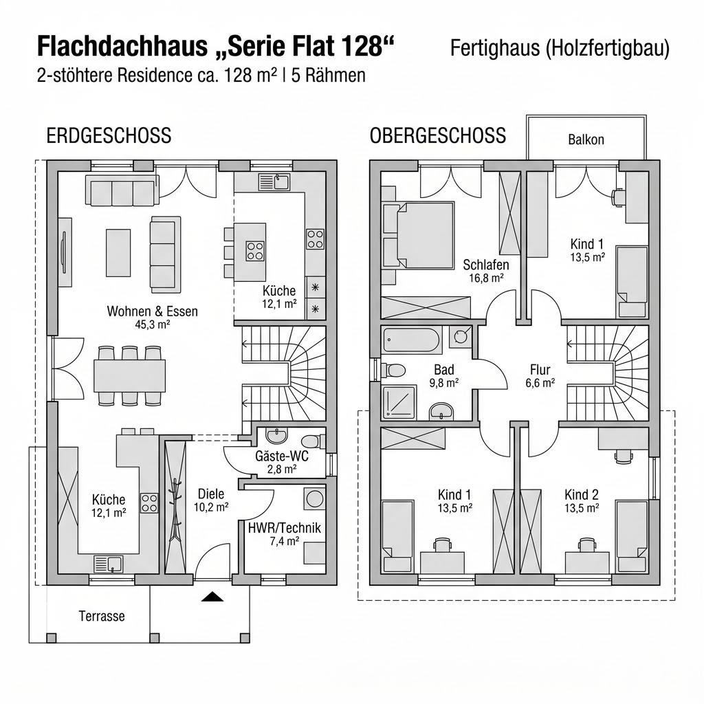Grundriss Serie Flat 128 – 128 m² Flachdachhaus mit 5 Zimmern