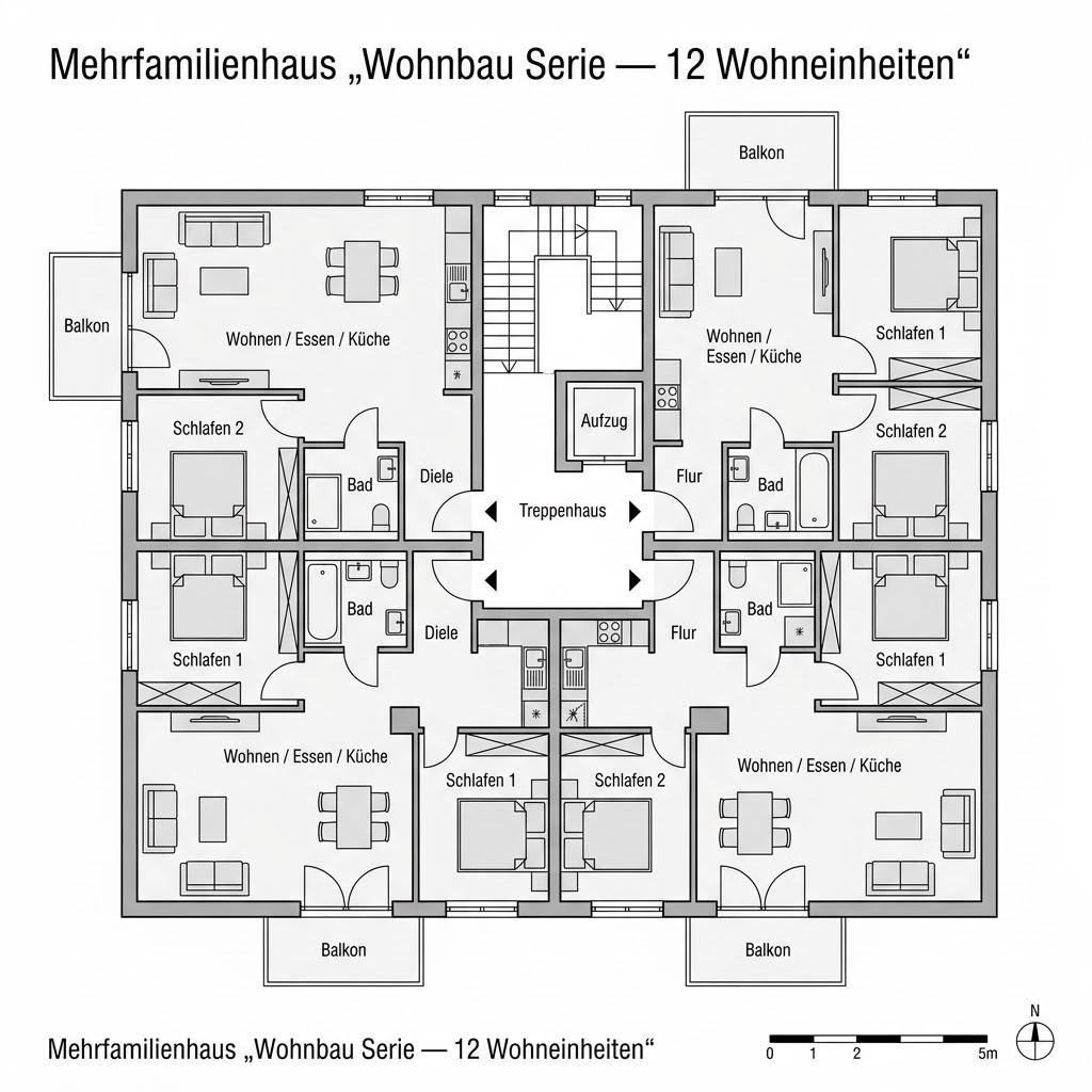Grundriss Wohnbau Serie — 12 Wohneinheiten – 900 m² Mehrfamilienhaus mit 40 Zimmern