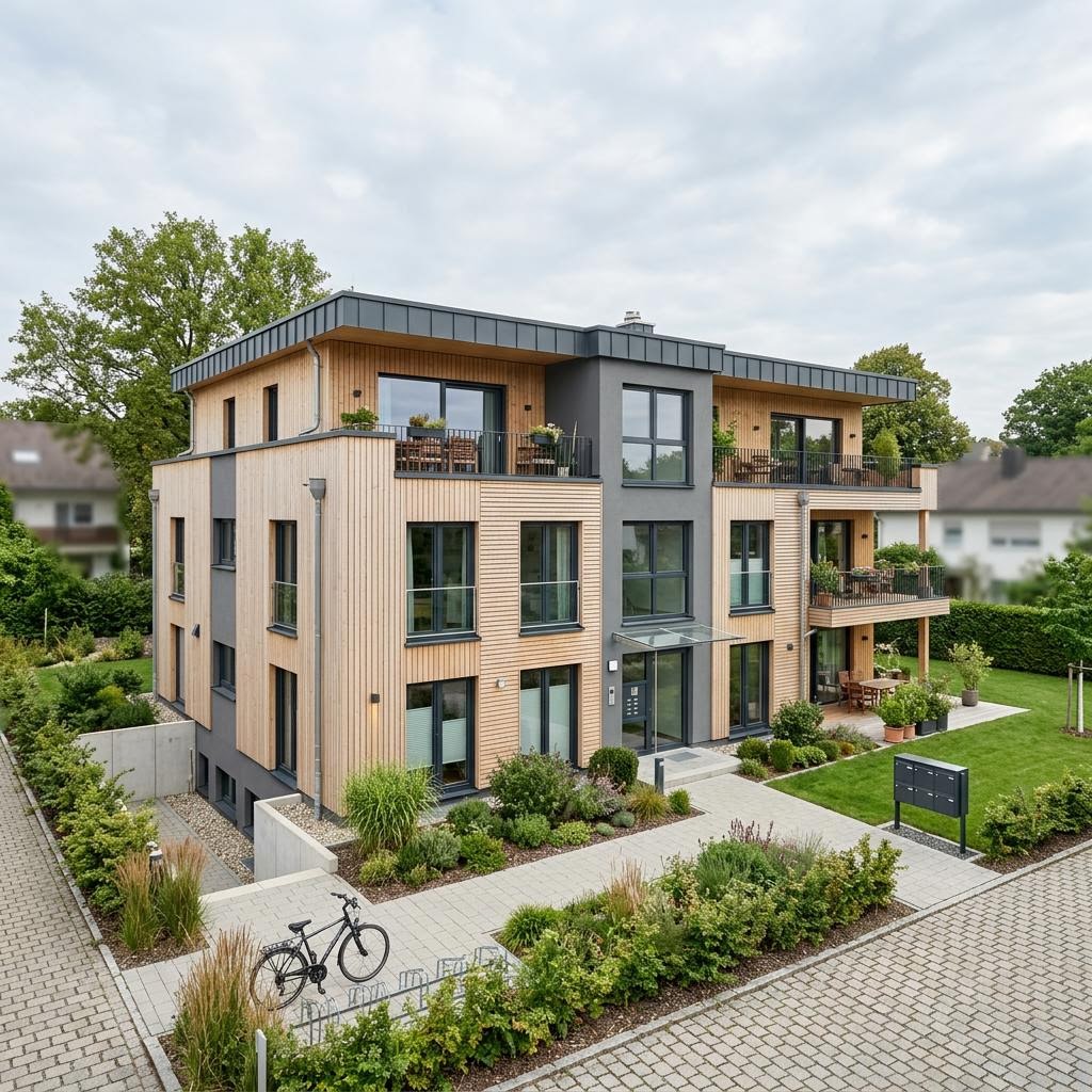 Mehrfamilienhaus Wohnbau Serie mit acht Wohneinheiten von GROPYUS mit Flachdach — serielles Holzfertighaus mit 620 m²