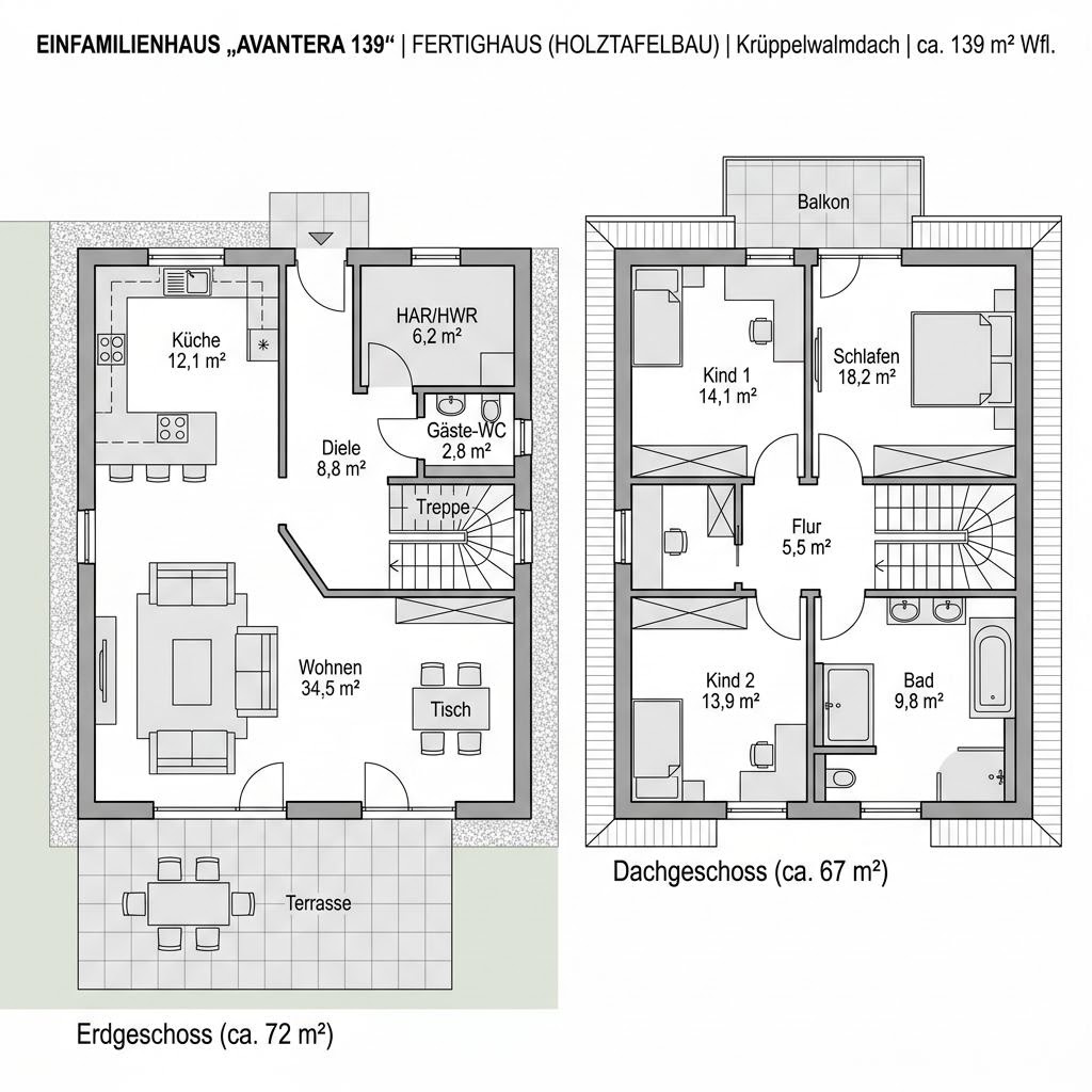Grundriss Avantera 139 – 139 m² Einfamilienhaus mit 5 Zimmern