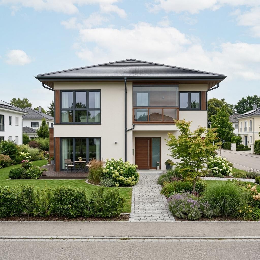 Stadtvilla CityVilla Aurea 168 von GUSSEK HAUS mit Walmdach und bodentiefen Fenstern