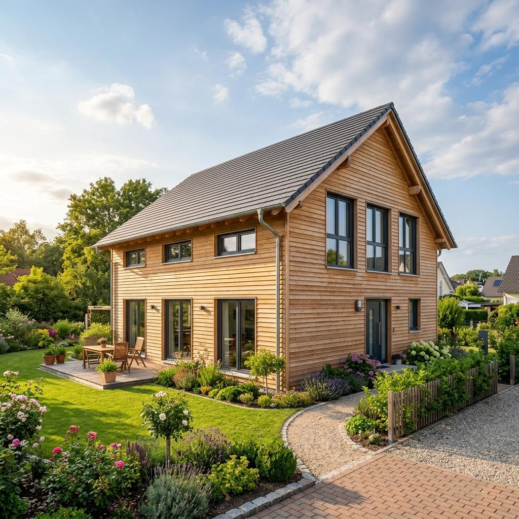 Familienfreundliches Holzhaus Lärchenhof 150 von gussek-haus mit Lärchenfassade und Satteldach