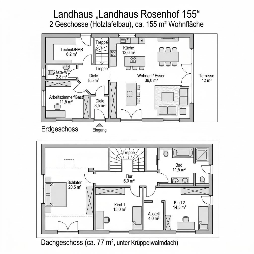 Grundriss Landhaus Rosenhof 155 – 155 m² Landhaus mit 5 Zimmern