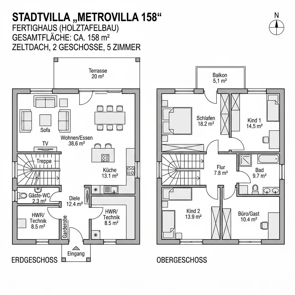 Grundriss MetroVilla 158 – 158 m² Stadtvilla mit 5 Zimmern
