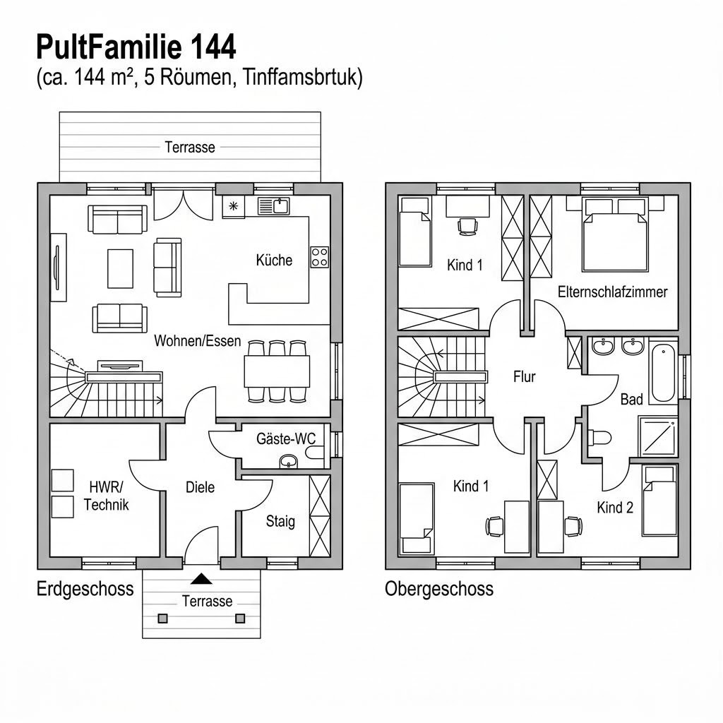 Grundriss PultFamilie 144 von GUSSEK HAUS — 144 m², 5 Zimmer