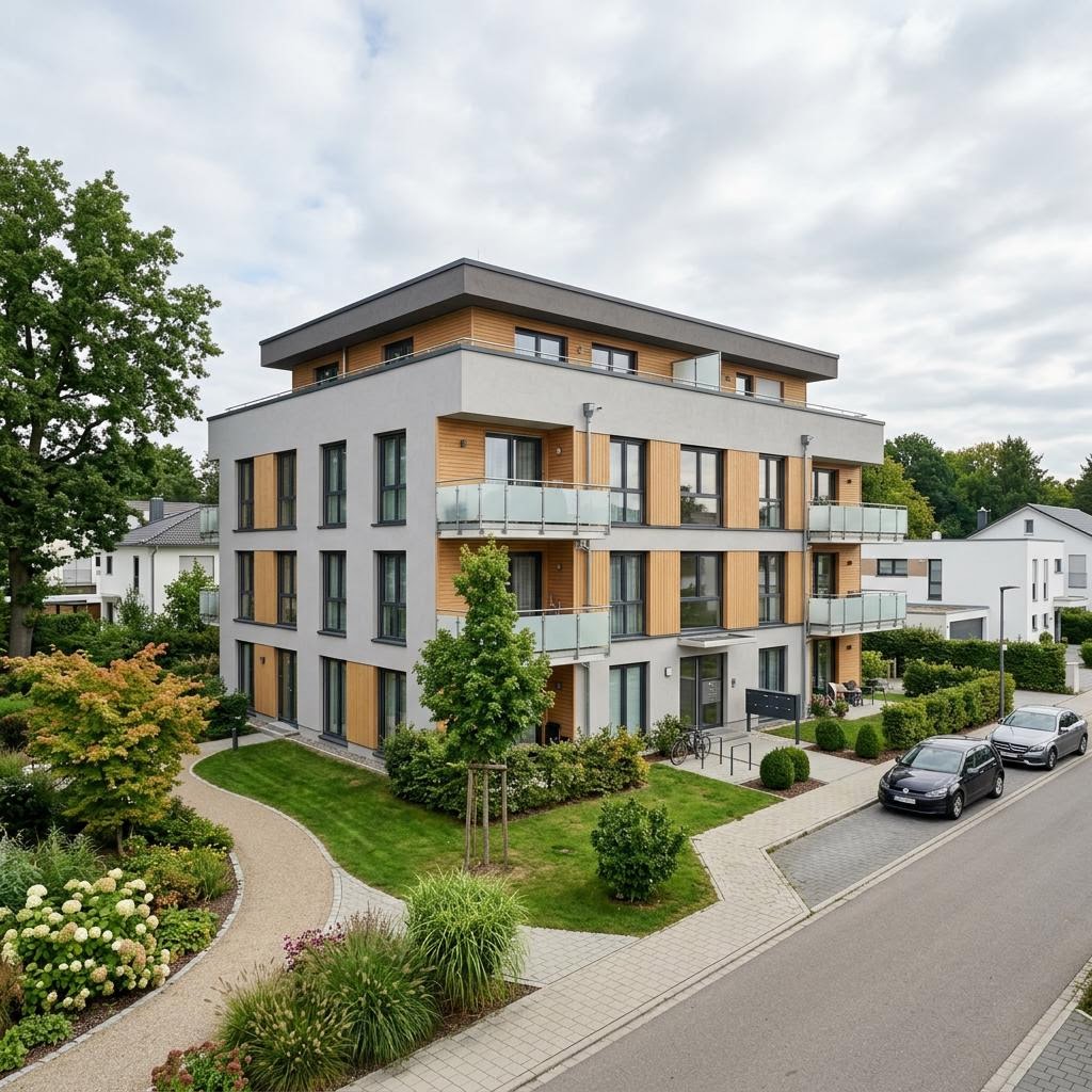 Mehrfamilienhaus Stadthaus mit zehn Wohneinheiten von Haas Fertigbau mit Flachdach — Holzfertighaus mit 760 m²