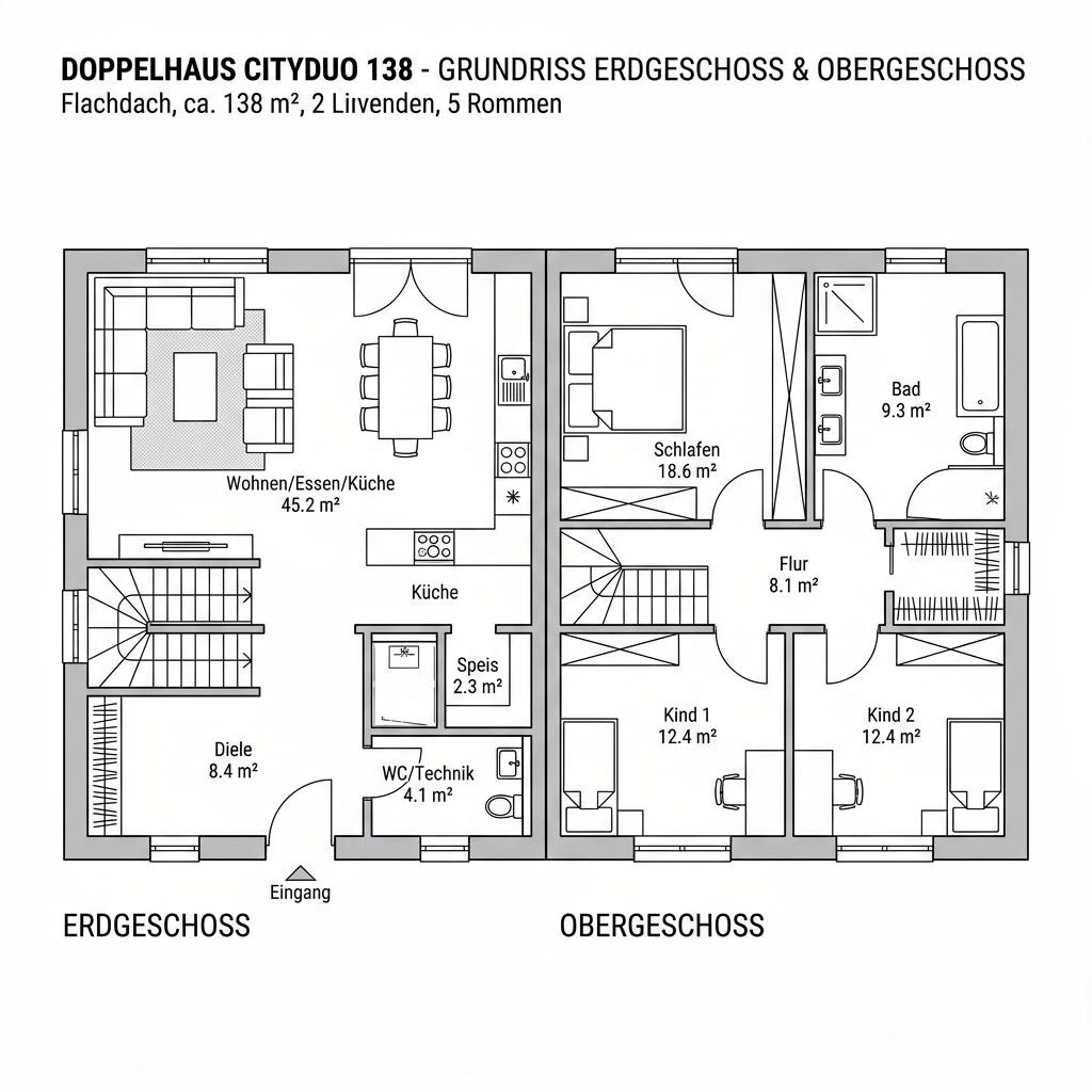 Grundriss Doppelhaus CityDuo 138 – 138 m² Doppelhaus mit 5 Zimmern