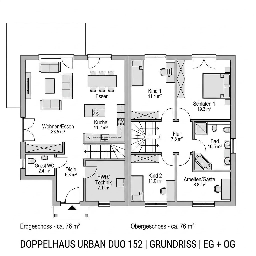 Grundriss Doppelhaus Urban Duo 152 – 152 m² Doppelhaus mit 6 Zimmern