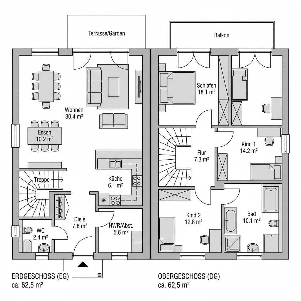 Grundriss Doppelhaus Variant Duo 125 – 125 m² Doppelhaus mit 4 Zimmern