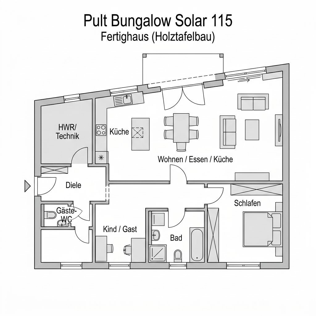 Grundriss Pult Bungalow Solar 115 – 115 m² Pultdachhaus mit 3 Zimmern