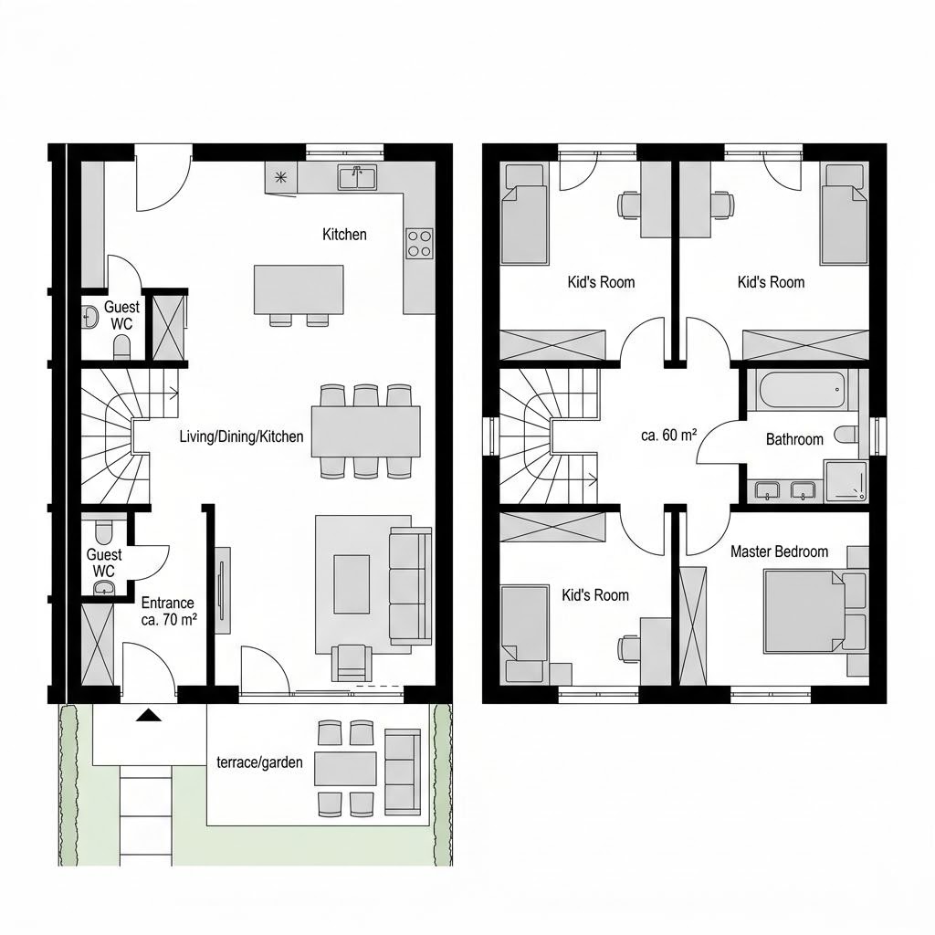 Grundriss Reihenmittelhaus Variant R130 – 130 m² Reihenhaus mit 5 Zimmern