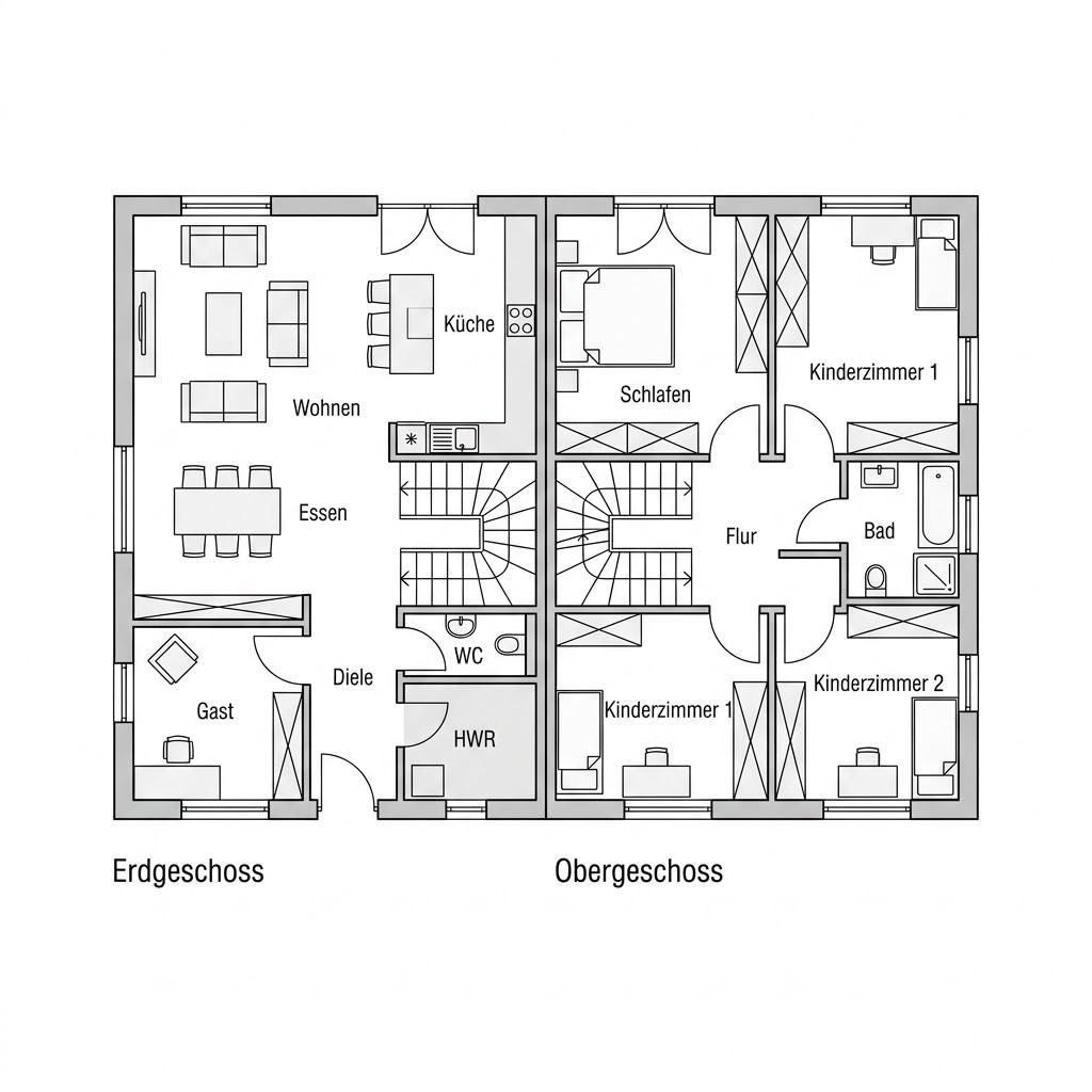 Grundriss Zweifamilienhaus Urban Doppel 218 – 218 m² Zweifamilienhaus mit 8 Zimmern