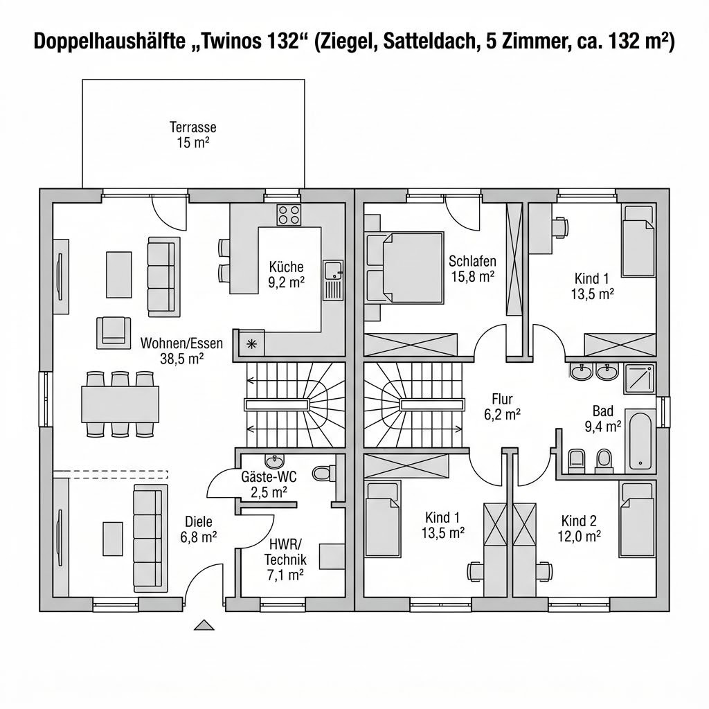 Grundriss Twinos 132 von Heinz von Heiden Massivhäuser — 132 m², 5 Zimmer