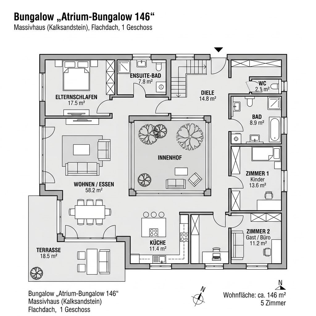 Grundriss Atrium-Bungalow 146 – 146 m² Bungalow mit 5 Zimmern