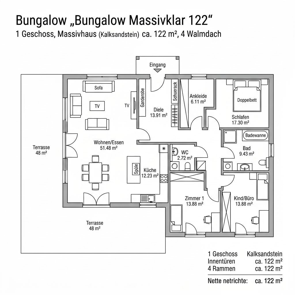 Grundriss Bungalow Massivklar 122 – 122 m² Bungalow mit 4 Zimmern