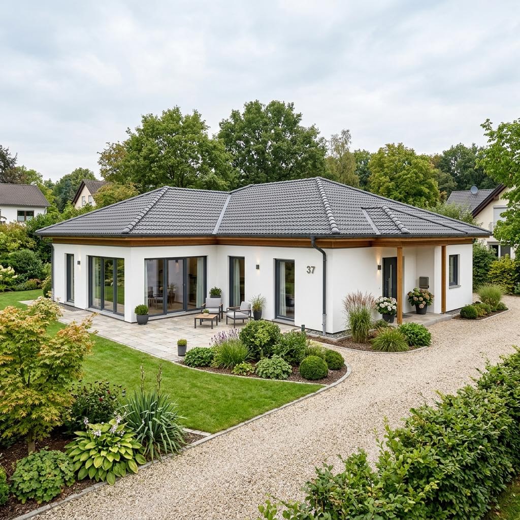 Winkelbungalow Massivwinkel 132 von HELMA Eigenheimbau mit Walmdach — massiver Winkelbungalow mit 132 m²