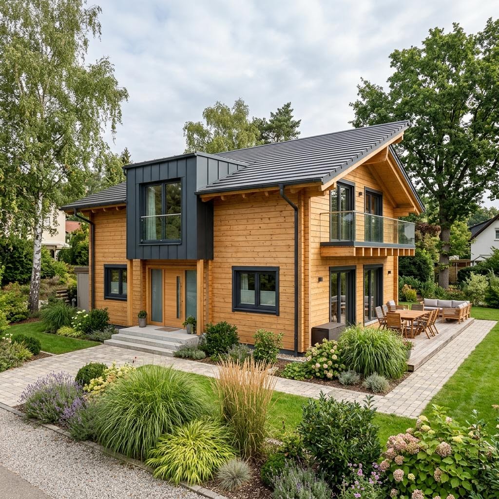 Modernes finnisches Blockhaus Aurora 156 von Honka mit Pultdach und Glasflächen